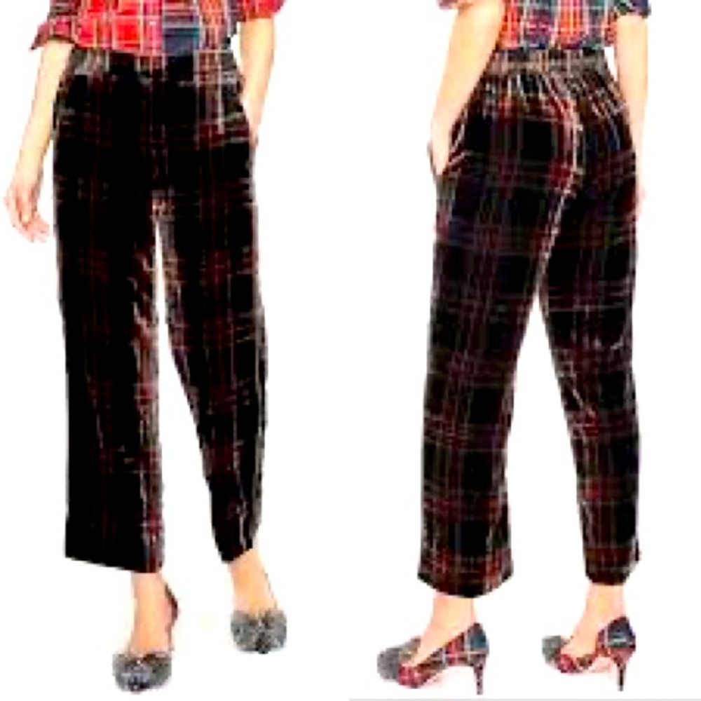 J. Crew Velvet Plaid Peyton Trousers Cropped High Waist Sz 12 Holidays tartan